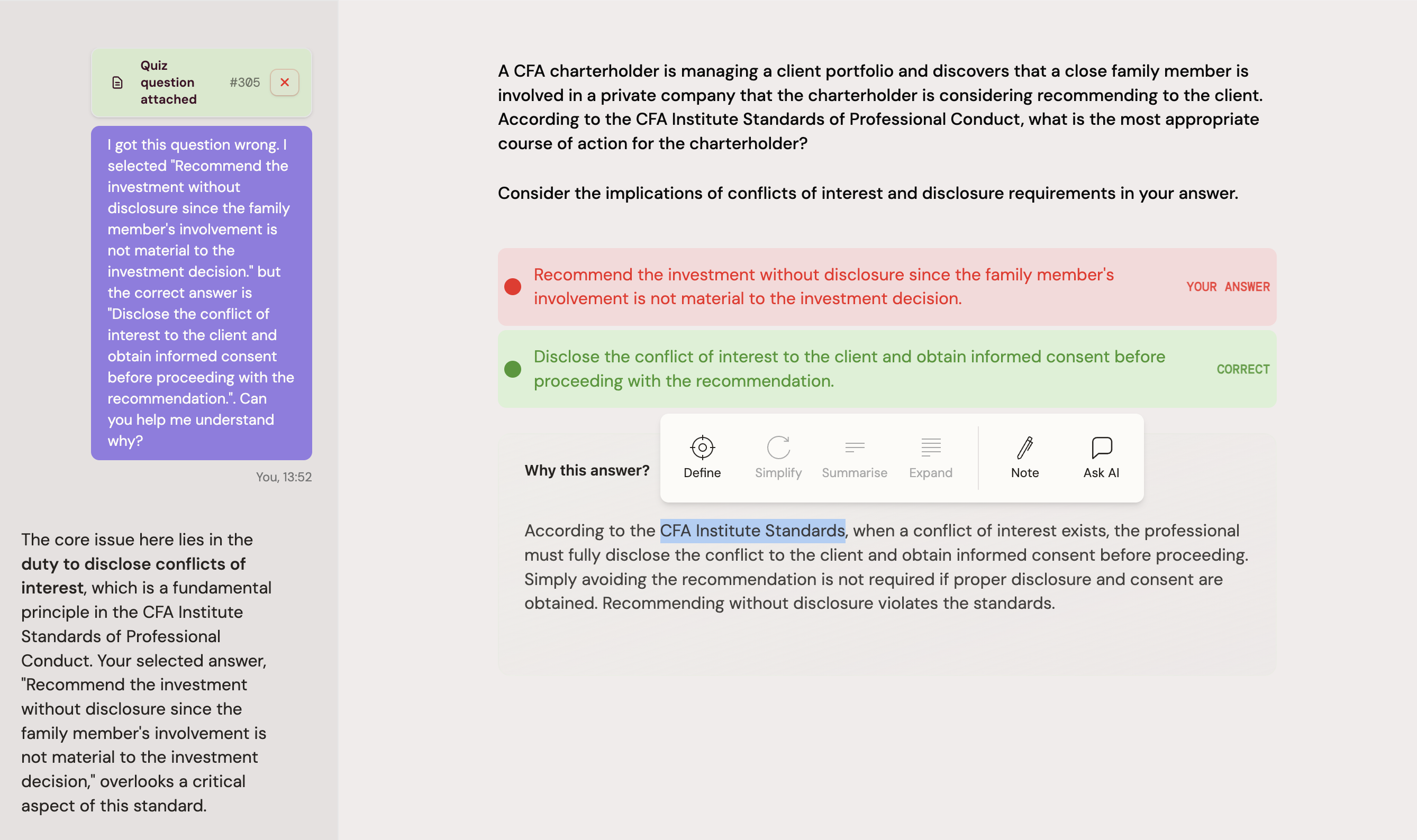 AI Tutor tooltip and chatbot interface